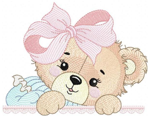 Peek a boo Bear embroidery designs - Baby Girl Teddy Bear machine embroidery pattern - Bear with lace and dress - Instant download pes jef