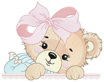 Peek a boo Bear embroidery designs - Baby Girl Teddy Bear machine embroidery pattern - Bear with lace and dress - Instant download pes jef