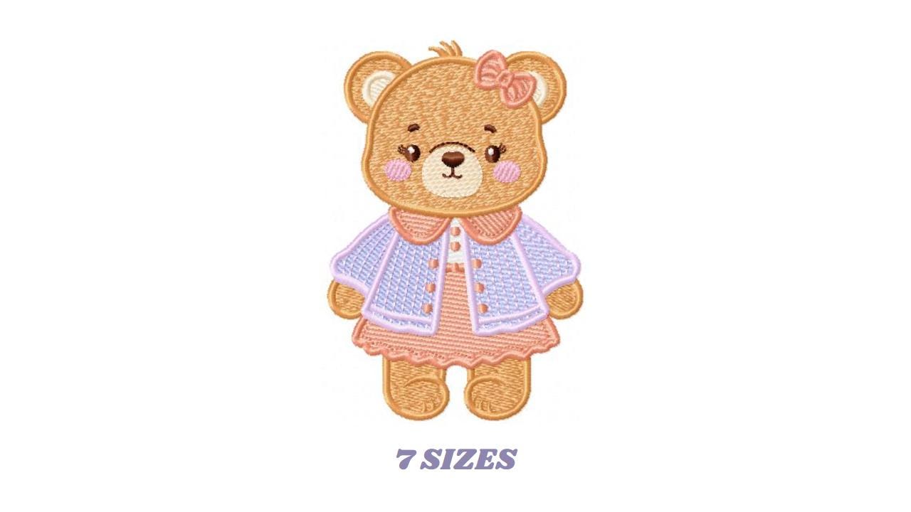 Female Bear embroidery designs - Baby girl teddy bear machine embroidery pattern - Bear with lace and dress file - Instant download pes jef