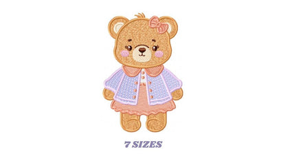 Female Bear embroidery designs - Baby girl teddy bear machine embroidery pattern - Bear with lace and dress file - Instant download pes jef