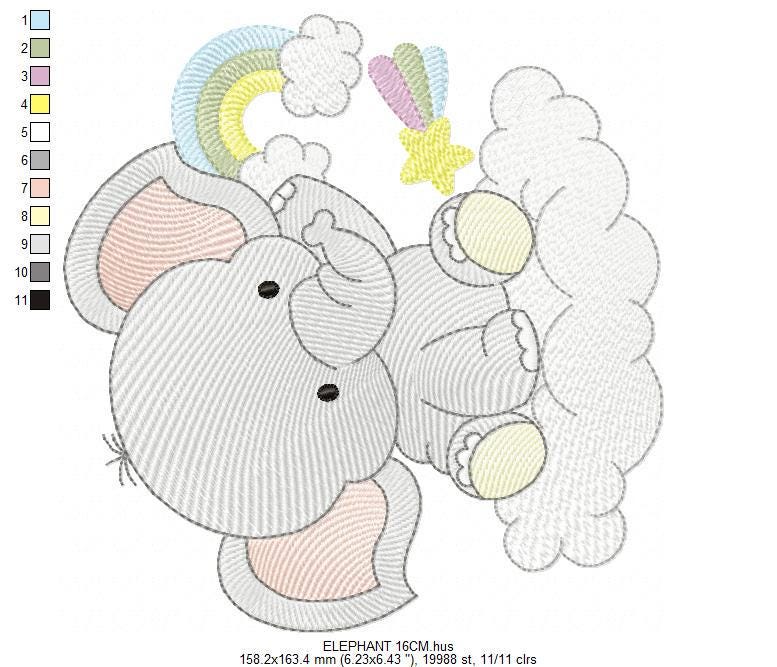 Elephant in a cloud embroidery designs - Safari Wild Animal machine embroidery pattern - Baby Girl Rainbow file - Instant download pes jef