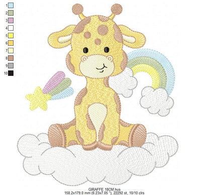 Giraffe in cloud embroidery design - Female Wild Animal machine embroidery pattern - Baby girl Rainbow file - Instant download pes jef dst