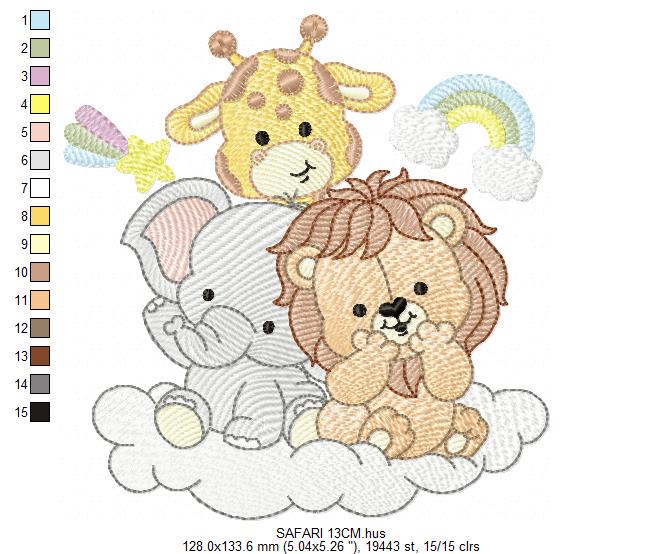 Safari wild animals embroidery designs - Elephant Lion Giraffe machine embroidery pattern - Rainbow Cloud stars - Instant download pes jef
