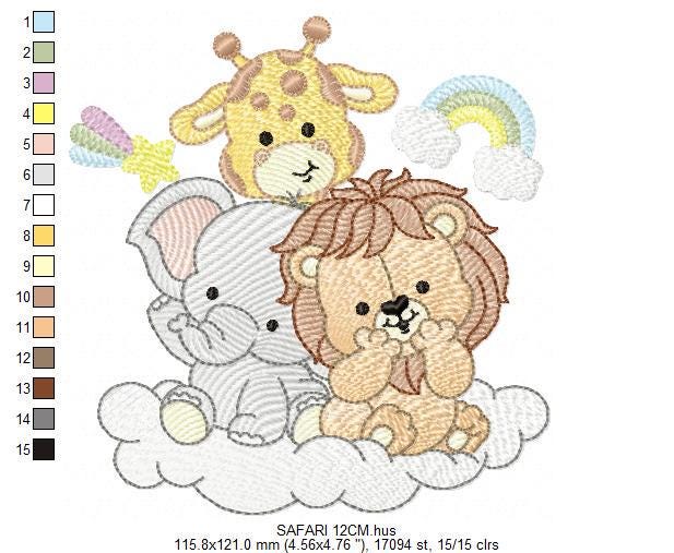 Safari wild animals embroidery designs - Elephant Lion Giraffe machine embroidery pattern - Rainbow Cloud stars - Instant download pes jef
