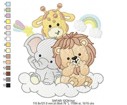 Safari wild animals embroidery designs - Elephant Lion Giraffe machine embroidery pattern - Rainbow Cloud stars - Instant download pes jef