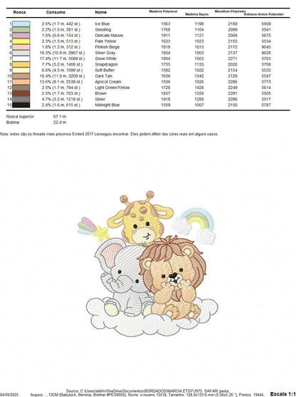 Safari wild animals embroidery designs - Elephant Lion Giraffe machine embroidery pattern - Rainbow Cloud stars - Instant download pes jef