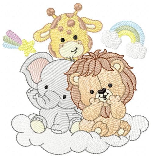 Safari wild animals embroidery designs - Elephant Lion Giraffe machine embroidery pattern - Rainbow Cloud stars - Instant download pes jef
