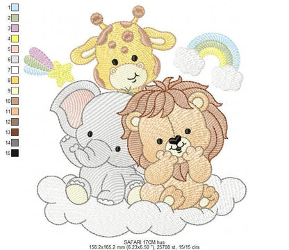 Safari wild animals embroidery designs - Elephant Lion Giraffe machine embroidery pattern - Rainbow Cloud stars - Instant download pes jef