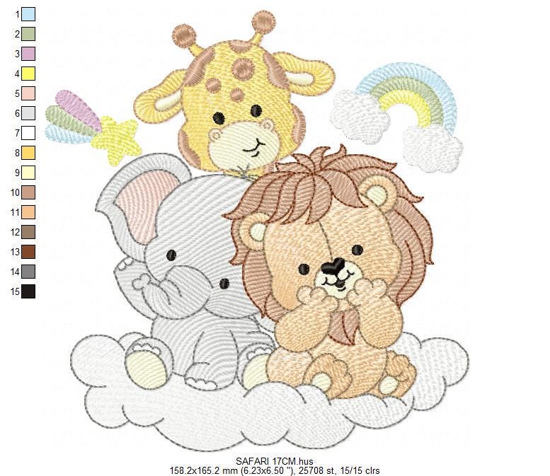 Safari wild animals embroidery designs - Elephant Lion Giraffe machine embroidery pattern - Rainbow Cloud stars - Instant download pes jef