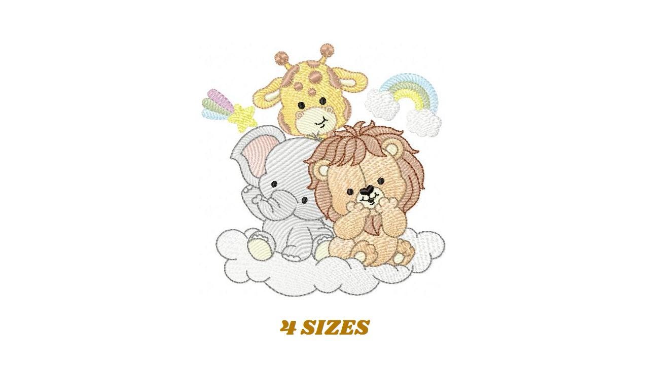Safari wild animals embroidery designs - Elephant Lion Giraffe machine embroidery pattern - Rainbow Cloud stars - Instant download pes jef