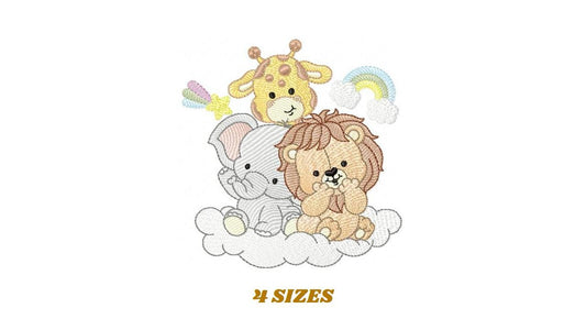 Safari wild animals embroidery designs - Elephant Lion Giraffe machine embroidery pattern - Rainbow Cloud stars - Instant download pes jef