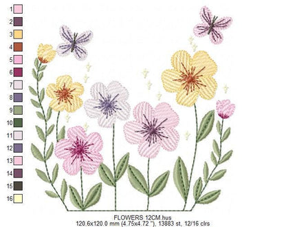 Flower Garden embroidery designs - Flower and Butterfly machine embroidery pattern - Floral bouquet Kitchen Towel - Instant digital download