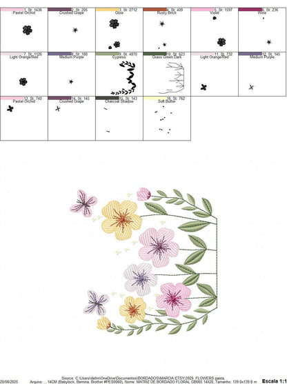 Flower Garden embroidery designs - Flower and Butterfly machine embroidery pattern - Floral bouquet Kitchen Towel - Instant digital download