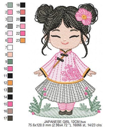 Japanese Geisha embroidery designs - Japanese Girl machine embroidery pattern - Geisha with flowers - Instant digital download pes jef dst
