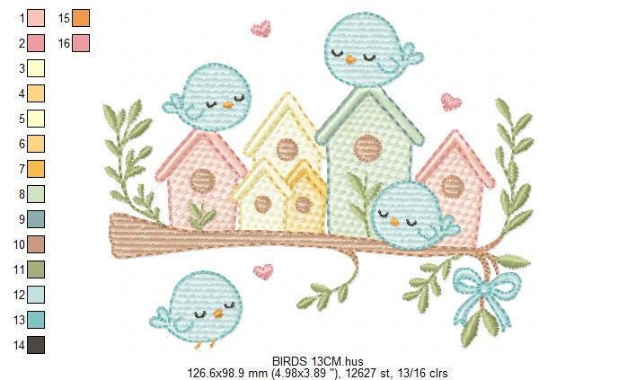 Bird Family embroidery designs - Bird House machine embroidery pattern - Baby Birds with tree - Instant digital download pes jef dst hus dst