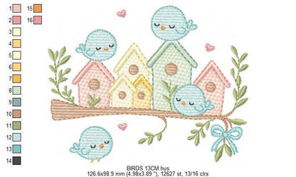Bird Family embroidery designs - Bird House machine embroidery pattern - Baby Birds with tree - Instant digital download pes jef dst hus dst