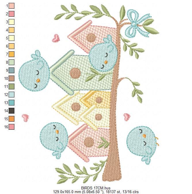 Bird Family embroidery designs - Bird House machine embroidery pattern - Baby Birds with tree - Instant digital download pes jef dst hus dst