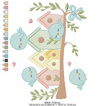 Bird Family embroidery designs - Bird House machine embroidery pattern - Baby Birds with tree - Instant digital download pes jef dst hus dst