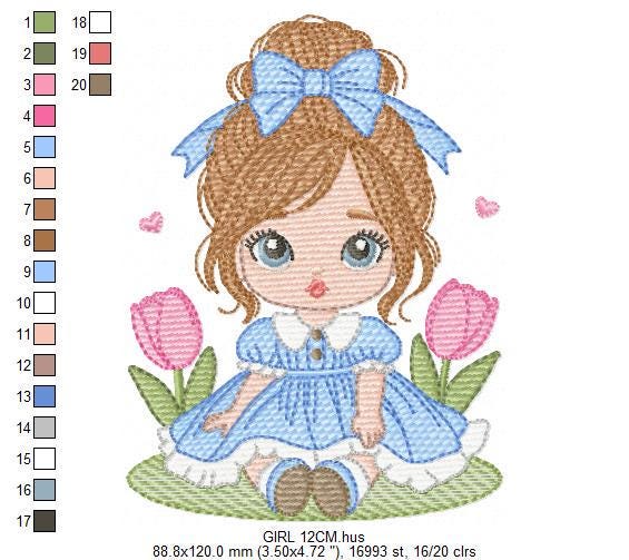 Girl with long hair and flowers embroidery designs - Princess machine embroidery pattern - Girl with lace and hearts - Instant digital download pes jef dst