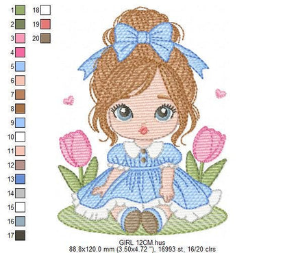 Girl with long hair and flowers embroidery designs - Princess machine embroidery pattern - Girl with lace and hearts - Instant digital download pes jef dst