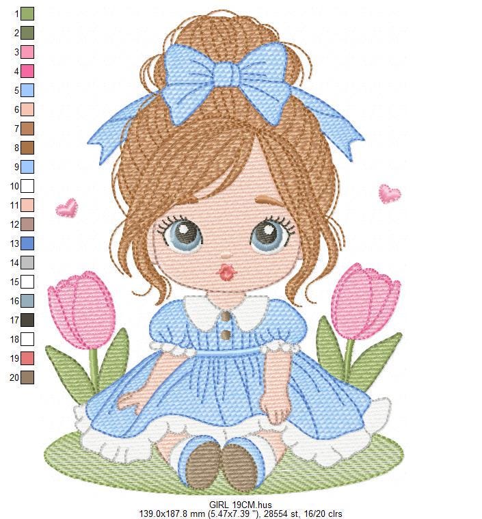 Girl with long hair and flowers embroidery designs - Princess machine embroidery pattern - Girl with lace and hearts - Instant digital download pes jef dst