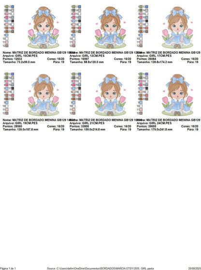 Girl with long hair and flowers embroidery designs - Princess machine embroidery pattern - Girl with lace and hearts - Instant digital download pes jef dst