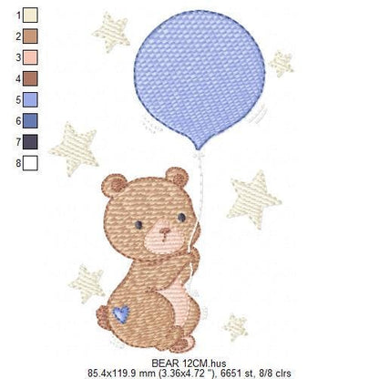 Balloon embroidery designs - Bear with balloon machine embroidery pattern - Birthday Gender Reveal Party file - Instant digital download pes