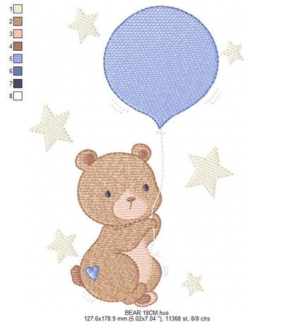 Balloon embroidery designs - Bear with balloon machine embroidery pattern - Birthday Gender Reveal Party file - Instant digital download pes