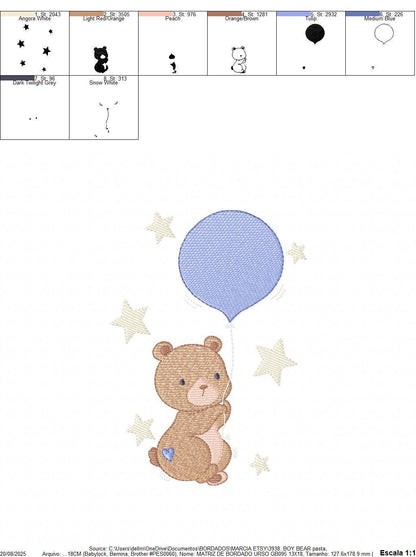Balloon embroidery designs - Bear with balloon machine embroidery pattern - Birthday Gender Reveal Party file - Instant digital download pes