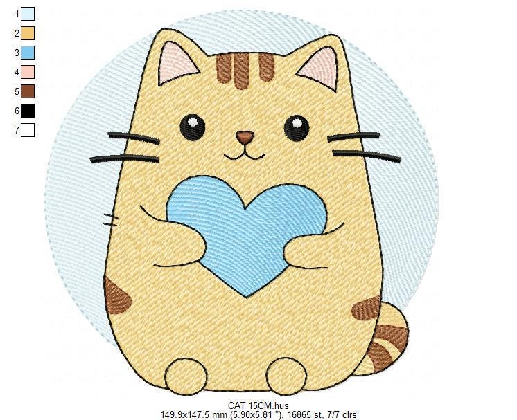Male Cat with heart embroidery design - Kitty machine embroidery pattern - Boy Pet with hearts - Instant digital download pes jef dst hus