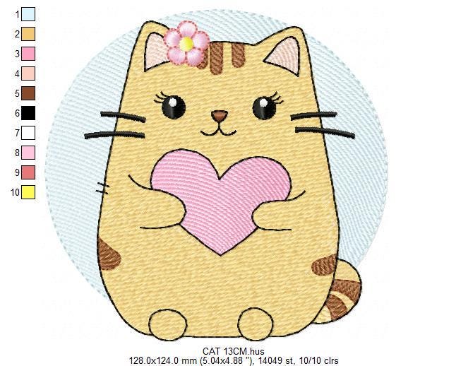 Female Cat with heart embroidery design - Female Kitty with flowers machine embroidery pattern - Baby girl file - Instant digital download