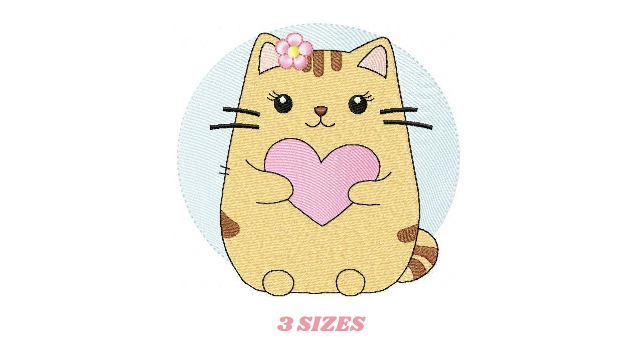 Female Cat with heart embroidery design - Female Kitty with flowers machine embroidery pattern - Baby girl file - Instant digital download