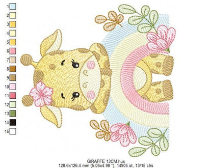 Giraffe with rainbow embroidery design - Female Wild Animal machine embroidery pattern - Baby girl file - Instant download pes jef dst hus
