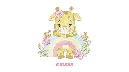 Giraffe with rainbow embroidery design - Female Wild Animal machine embroidery pattern - Baby girl file - Instant download pes jef dst hus
