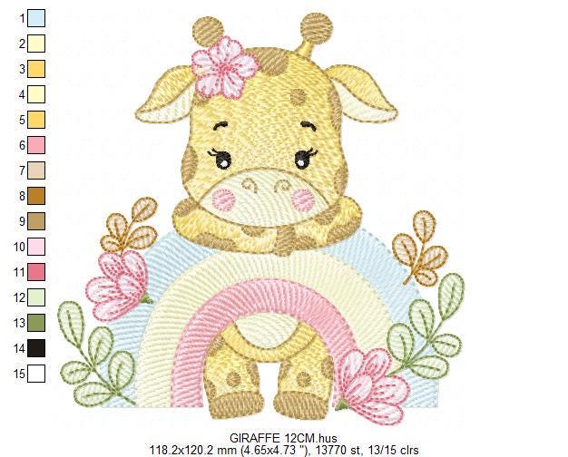 Giraffe with rainbow embroidery design - Female Wild Animal machine embroidery pattern - Baby girl file - Instant download pes jef dst hus