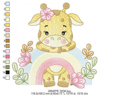 Giraffe with rainbow embroidery design - Female Wild Animal machine embroidery pattern - Baby girl file - Instant download pes jef dst hus