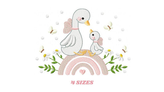 Female Duck with big lace embroidery design - Baby girl rainbow machine embroidery pattern - Farm Animal file - instant digital download pes