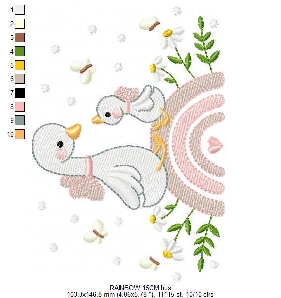 Female Duck with big lace embroidery design - Baby girl rainbow machine embroidery pattern - Farm Animal file - instant digital download pes