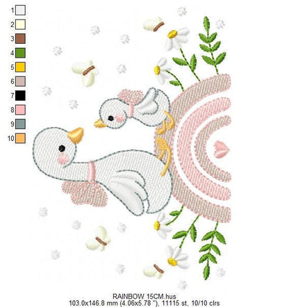 Female Duck with big lace embroidery design - Baby girl rainbow machine embroidery pattern - Farm Animal file - instant digital download pes