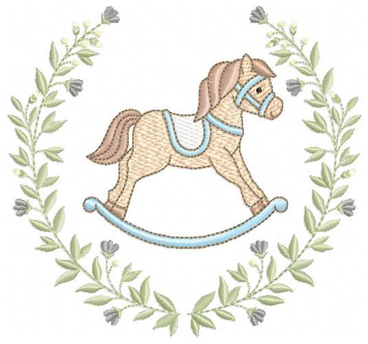 Toy Horse embroidery design - Baby boy rocking horse laurel frame machine embroidery pattern - Instant digital download pes jef hus dst vp3