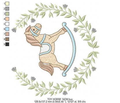 Toy Horse embroidery design - Baby boy rocking horse laurel frame machine embroidery pattern - Instant digital download pes jef hus dst vp3
