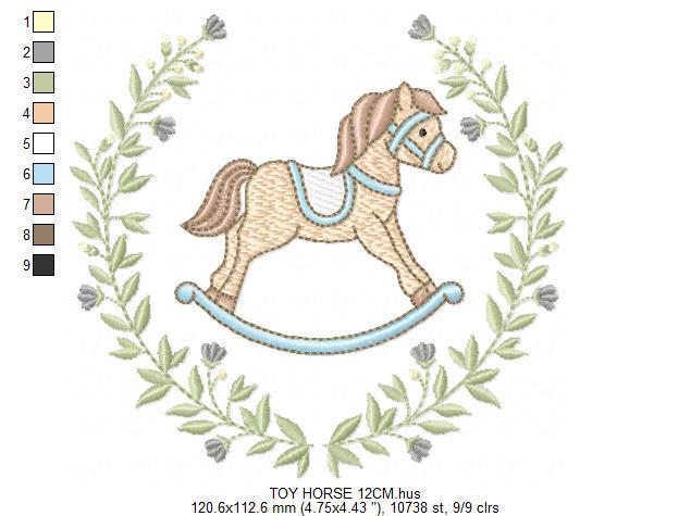 Toy Horse embroidery design - Baby boy rocking horse laurel frame machine embroidery pattern - Instant digital download pes jef hus dst vp3