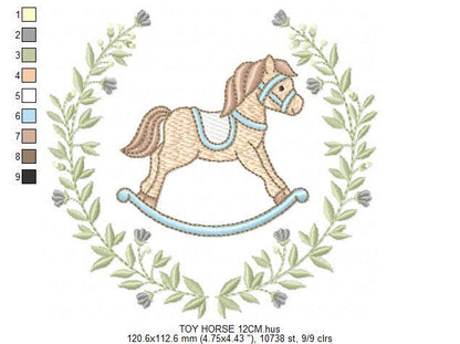 Toy Horse embroidery design - Baby boy rocking horse laurel frame machine embroidery pattern - Instant digital download pes jef hus dst vp3