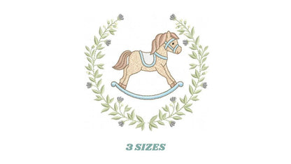 Toy Horse embroidery design - Baby boy rocking horse laurel frame machine embroidery pattern - Instant digital download pes jef hus dst vp3