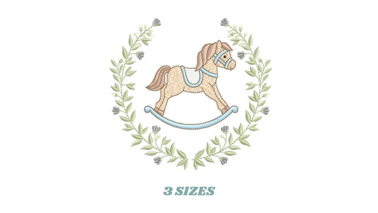 Toy Horse embroidery design - Baby boy rocking horse laurel frame machine embroidery pattern - Instant digital download pes jef hus dst vp3