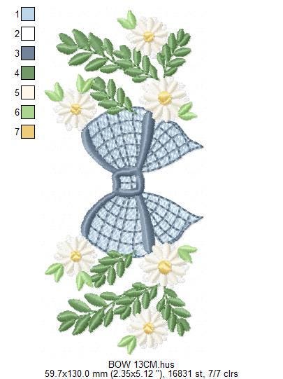 Flowers with lace embroidery designs - Blue Bow with daisies machine embroidery pattern - Floral Kitchen towel - instant digital download