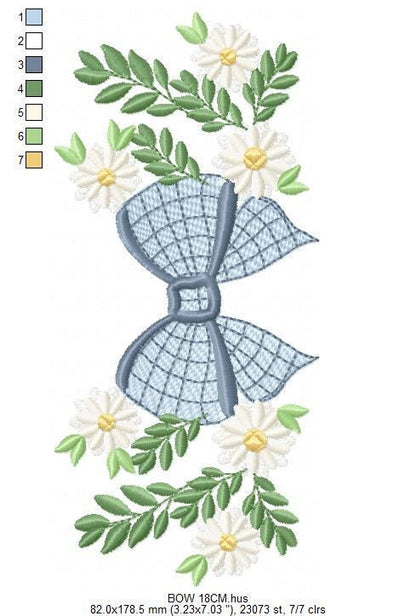 Flowers with lace embroidery designs - Blue Bow with daisies machine embroidery pattern - Floral Kitchen towel - instant digital download