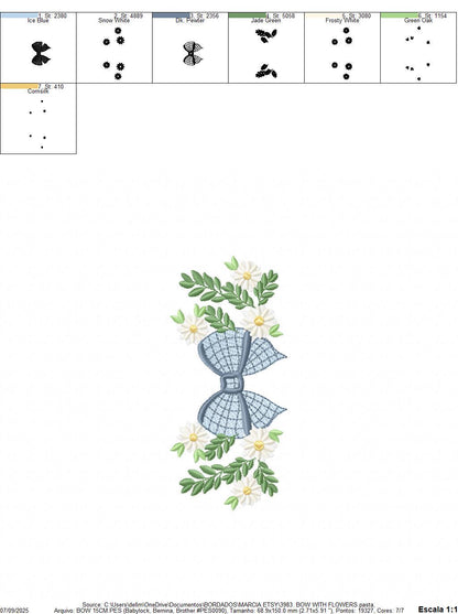 Flowers with lace embroidery designs - Blue Bow with daisies machine embroidery pattern - Floral Kitchen towel - instant digital download