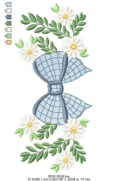 Flowers with lace embroidery designs - Blue Bow with daisies machine embroidery pattern - Floral Kitchen towel - instant digital download
