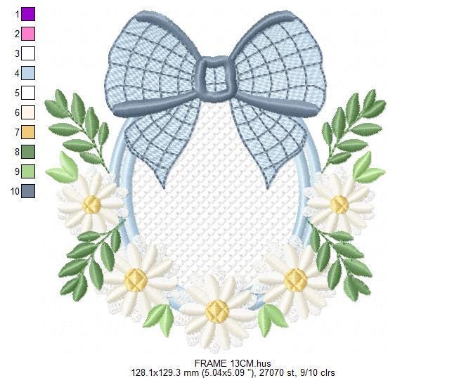 Flowers with lace embroidery designs - Plaid Bow with daisies machine embroidery pattern - Floral Kitchen towel - instant digital download